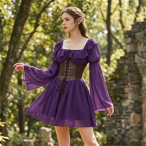 renaissance dress short Black Short Sleeve Medieval Dress - Cotton