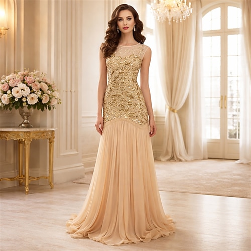 roaring 20s evening dresses 1920s Ankle Length Dress Dress Prom Dress Sleeveless The Great Gatsby Plus Size Wedding Guest Sequins Fancy Dress Women's Carnival Masquerade Prom Evening Party Event / Party 2026 Elegant Color:Picture Color Champagne livecategory:Dresses Mistrie Women's Knit Pearl 100%polyester