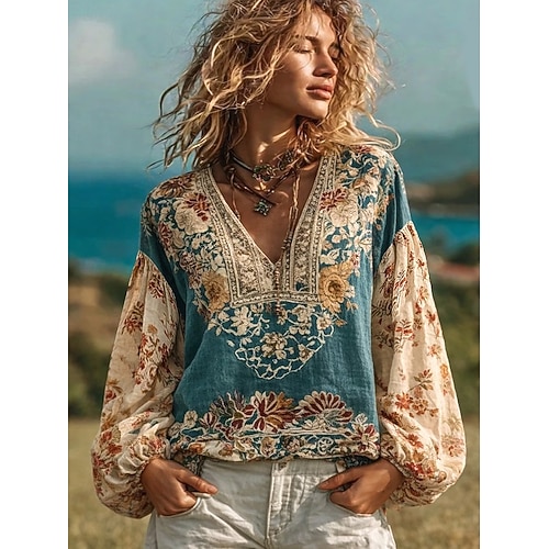  חולצת בוהו לנשים מבד כמו איטום קליל ונושם עם גרפיקה פרחונית אלגנטית בוהמית וינטג' עם שרוול ארוך וצווארון V טופס קבוע יום יומי חופש פיסול כפתורים הדפס כחול לבן ורוד תכלת קיץ