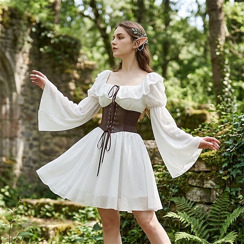 renaissance dress short Medieval Renaissance Champagne Women Victorian Trailing Dress Short Sleeve Lace Masquerade Party Dress