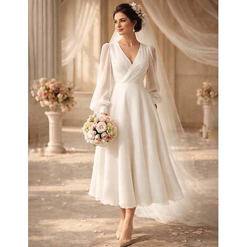A-lijn Tot de enkel Kleine witte jurk Feestjurken Bruidsdouchejurken Bruidsjurk Elegant Dagelijks Bisschop Mouwen Lange mouw V-hals valmistuminen Verjaardag Chiffon met Effen kleur