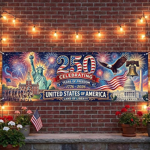 2026年 アメリカ建国250周年記念、自由の250年を祝うバナー。自由の