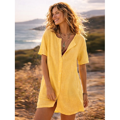 feels like a holiday shirt dress Women's Mini Linen-feel Dresses Dress Classic Daily Vacation Regular Fit Plain Short Sleeve V Neck White Yellow Pink Summer 2026 GL-09.22.25