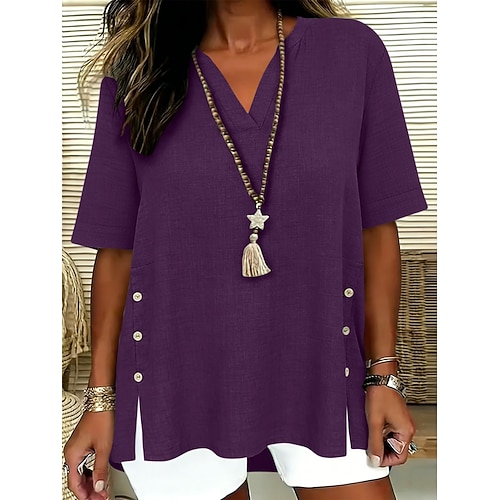 Femmes Chemises effet lin Chemisier Chemise en faux lin Boutons Couleur Unie Quotidien Élégant Basique Demi Manches Col en V Hauts Réguliers