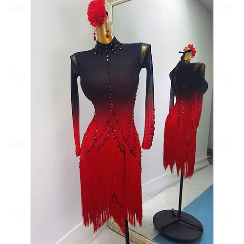 lady latin tassel dance dress Rhinestone Women's Party Training Performance Long Sleeve Spandex Nylon 2026 latin ballroom costume
