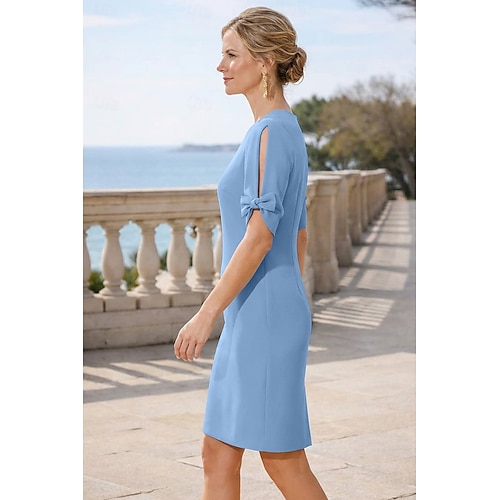 Sheath Cocktail Dress Wedding Guest Elegant Simple Jewel Neck Short / Mini  Chiffon Short Sleeve with Bow(s) Solid Color Dresses free custom size 2026 