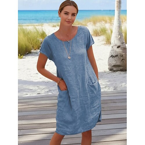 casual cotton linen dresses Women's Mini Dress Shift Dress Cotton Linen Dresses Linen Dress Casual Dress  Basic Casual Daily Vacation Regular Fit Plain Short Sleeve Crew Neck Blue  Black Khaki Gray Summer 2026