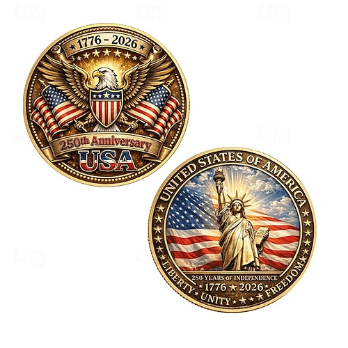 Pièce commémorative du 250e anniversaire des États-Unis (1776-2026), médaille patriotique ornée d'un aigle à tête blanche, de la statue de la Liberté, de la cloche de la Liberté et de flammes, objet