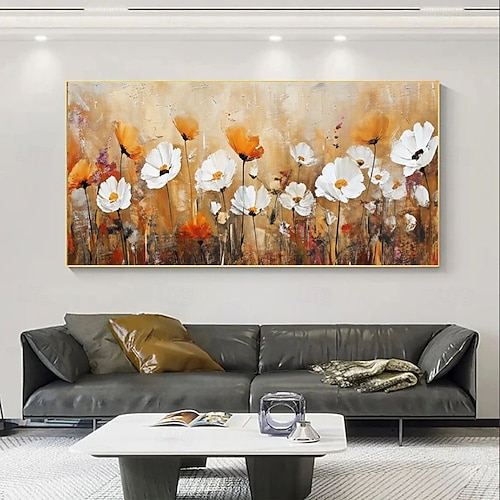 2026年 キャンバスに手描きされた壁掛け絵画、オレンジと白の花の風景