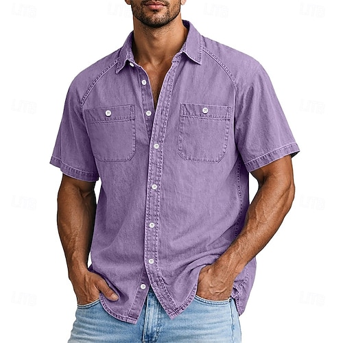 mens purple short sleeve dress shirt Purple Short Sleeve Men Button Down Shirt, Lilac Lavender Solid Color Print Casual Buttoned Summer Dress Collared Plus Size