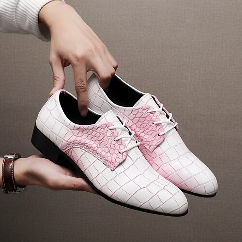 pink and white mens dress shoes Men's Pink Half White crocodile print Leather Oxford Whole-cut Handmade Shoes