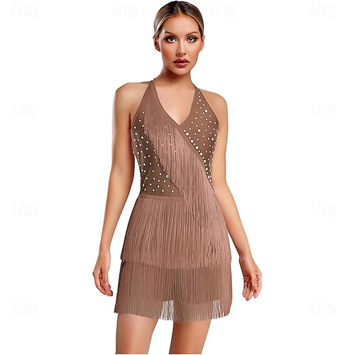Women's Brown Latin Dance Dress - Rhinestone Embellished Tiered Fringe Mini Dress for Ballroom, Salsa & Performance 2026 - $277.09 Women's Brown Latin Dance Dress - Rhinestone Embellished Tiered Fringe Mini Dress for Ballroom, Salsa & Performance 2026 - $277.09
