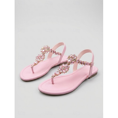 Women's Gold Crystal Flat Sandals, Open Toe T-Strap Evening Dress Shoes for Resort Dinner, Vacation & Summer Evening Events 2026