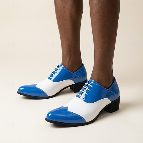 Men's Blue and White Patent Leather Oxford Shoes Lace-Up Formal Dress Shoes Fashion Statement Footwear for Weddings, Parties, Banquets, Stage Performances and Evening Events 2026