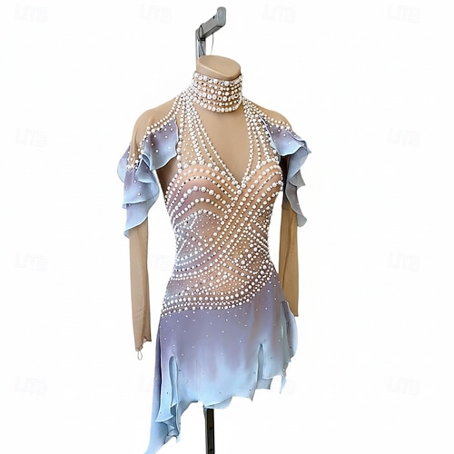 Figure Skating Dress Women's Ice Skating Dress Light Grey Patchwork Open Back Stretchy Training Competition Skating Wear Classic Crystal / Rhinestone Short Sleeve Ice Skating Figure Skating 2026