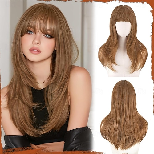 Long Straight Layered Auburn Blonde Wig with Bangs 24 Inch  display picture 3