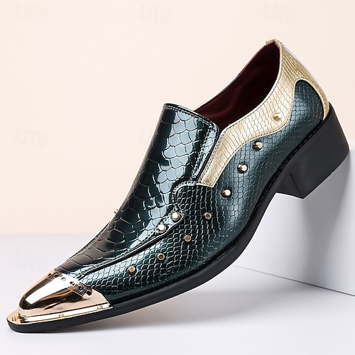 Men's White and Gold Faux Leather Pointed Dress Shoes with Metal Toe Cap  Stud Accents and Side Buckle Detail Luxury Statement Formal Footwear for  Stylish Men, Perfect for Weddings, Banquets 2026 -