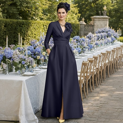 a line wedding guest dress with sleeves Ankle Length A-Line Chiffon Long Sleeve V Neck Hemline/Train Leely Women Navy Long Sleeves