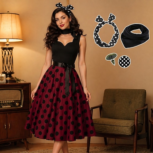 brown rockabilly dress Women 1950s Vintage Rockabilly Swing Pinup Retro Dress -