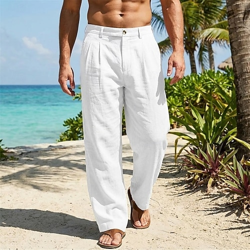 linen dress pants for beach wedding Men's Trousers Pants Summer Pants Baggy Pants Pocket Straight Leg Plain Comfort Breathable Full Length Outdoor Business Vacation Fashion Blue Black Inelastic 2026 Flat Front polkadot 2018 New Black Elegant Size:US 2/UK 4/EU 32
