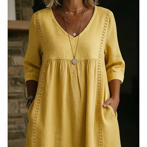 Women's Midi Dress Linen-feel Dresses Sundress A Line Dress Summer Dress  Vacation Party Basic Daily Office Beach Loose Fit Plain Half Sleeve V Neck  Light Blue Black Olive Green Yellow Summer Spring