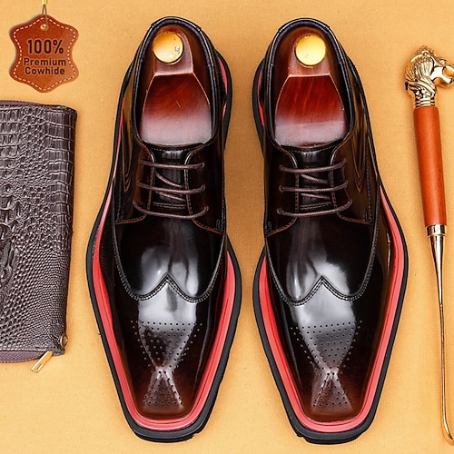 burgundy and black men's dress shoes Premium Genuine Leather Wingtip Oxford Brogue Lace-Up Formal Shoes for Groom, Groomsmen, Weddings, Parties and Refined Gentleman Style 2026 FREE PEOPLE TAKING SIDES Size:Custom Size(Special Instructions for Seller) style_code:349077 Shirt You can also provide