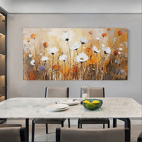 2026年 キャンバスに手描きされた壁掛け絵画、オレンジと白の花の風景
