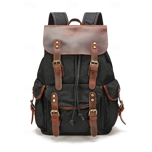 canvas backpack w leather trim Bluboon Vintage Casual Bookbag Men Rucksack (Black) Adjustable straps offer comfort on the go Olive Waxed Canvas Backpack 2.0