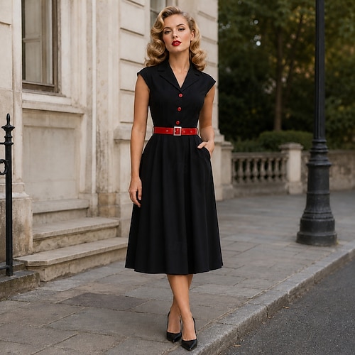 ladies 1950's fancy dress 1950s Retro Vintage Tea Length Swing Dress Flare Dress Short Sleeves Solid Color Fit & Flare Dress Women's Valentine's Day Revival Tea fully assembled