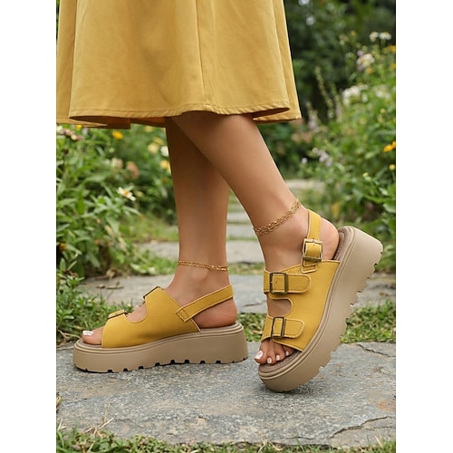 イエロー　PLATFORM SANDALS　サンダル　Sサイズ Women's Yellow Platform Sandals – Adjustable Buckle Chunky Sole