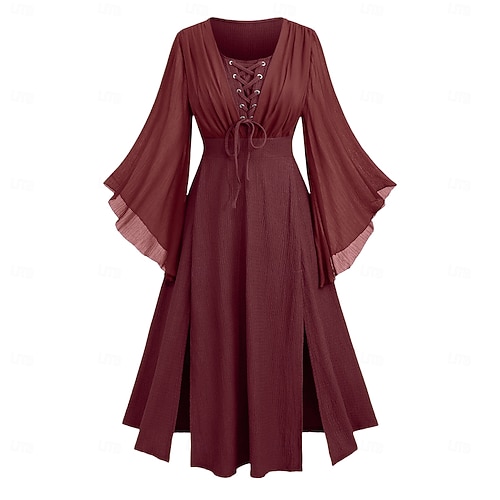 red long sleeve peasant dress Vintage Regency Red Long Sleeve Dress Women Empire Waist Princess Style  Evening Gown