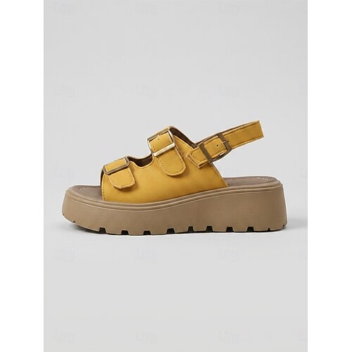 Women's Yellow Platform Sandals – Adjustable Buckle Chunky Sole