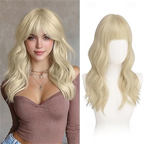 Pink Wigs with Bangs - 20 Inch Long Soft Wavy Natural  display picture 3