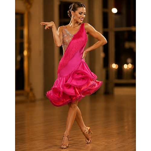 lady latin tassel dance dress Chromatic Cascade Fringed Latin Dance Dress