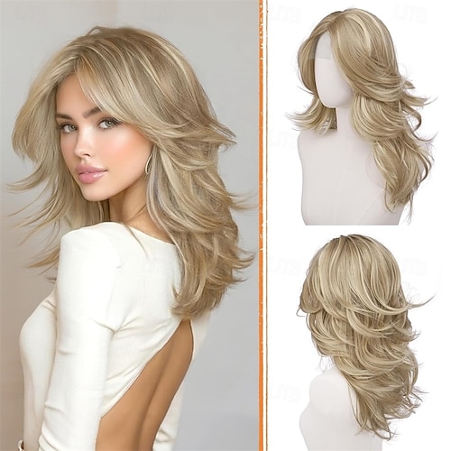 Blonde Layered Wigs with Curtain Bangs Lace Front Hairline  display picture 2
