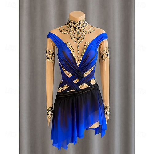 dark blue figure skating dress Figure Skating Dress Women's Ice Skating Dress Dark Blue Patchwork  Thumbhole Stretchy Training Competition Skating Wear Classic Crystal /  Rhinestone Long Sleeve Ice Skating Figure Skating 2026