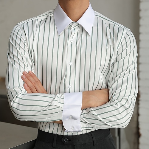 Herren Hemd Kleidhemd Durchgeknöpft Hemd Gestreift Täglich Outdoor Schwarz Blau Dunkelgrün Grün Langarm Umlegekragen Sommer Frühling Bekleidung Knöpfe
