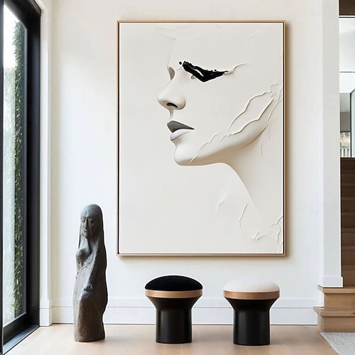 2026年 手作りの抽象的な白と黒の3D顔の油絵、白黒の壁のアート