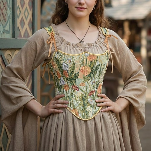 peasant dress with corset Ren Faire, Renaissance Dress, Goddess Costume, 2 Pc SET, Corset Vest + Dress, Peasant Dress, All Size, LotusTraders D7980 One Size Blue Black