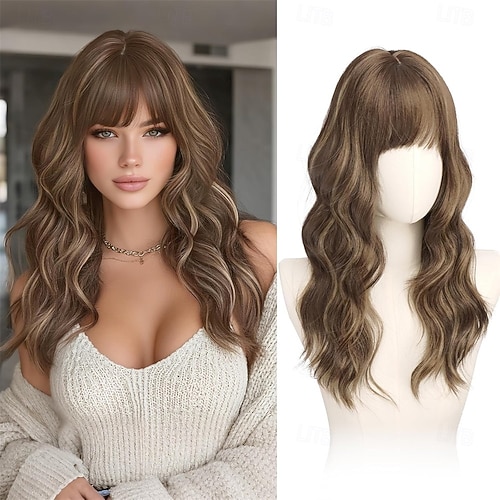 Brown Wigs with Bangs - 20 Inch Long Soft Wavy Natural  display picture 2