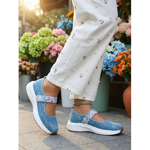 Women's Denim Tie-Dye Mary Jane Sneakers – Lightweight Walking