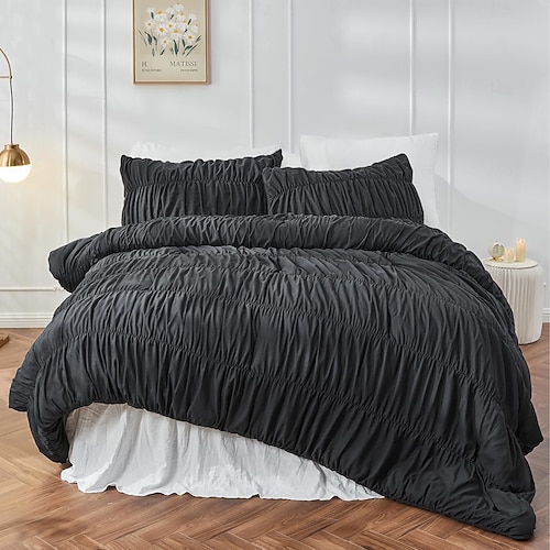 Bettwäsche-Set (Queen-Size) – geraffte Steppdecke im Boho-Shabby-Chic-Stil fürs Schlafzimmer, flauschiges 3-teiliges Set mit Kissen, weiche weiße Bettwäsche 2026