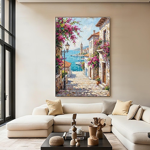 Mediterranean Alley Oil Painting, Original Coastal Village
