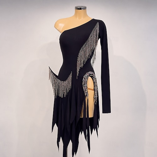 black latin dance dress Women's - One Shoulder Rhinestone Fringe Salsa Samba Costume - Asymmetric Tassel Competition Performance Wear - Professional Sparkly Dancewear 2026 salsa dance dress