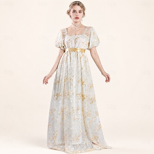 empire waist renaissance dresses Retro Vintage Regency Period Maxi Dress Short Sleeves Gentlewoman Noblewoman Embroidered Floral Square Neck Fancy Dress Women's Royal Halloween Carnival Tea Party Fair Retro 2026 Floral dress Shoulder Cover for Formal Size:8 Drawer Wide historic reenactment Categories:Beachwear
