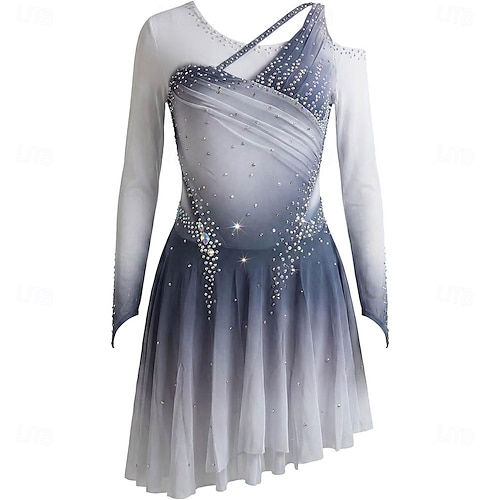 grey skating dress Figure Skating Dress Women's Girls' Ice Skating Dress Grey Patchwork Thumbhole Mesh Spandex Stretchy Training Practice Professional Skating Wear,
