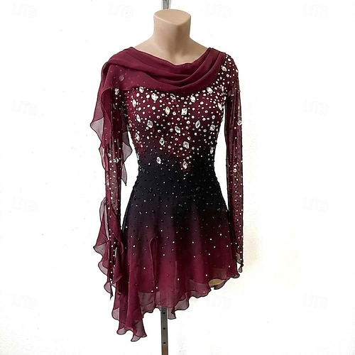 burgundy skating dress Figure Women's Ice Skating Dress Patchwork Asymmetric Hem High Elasticity Training Competition Skating Wear Classic Crystal / Rhinestone Long Sleeve Ice Skating Figure Skating 2026 a line dress