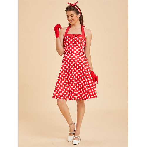 rockabilly halter neck dress GGR Rockabilly Halter Dress in Red with White Polka Dots