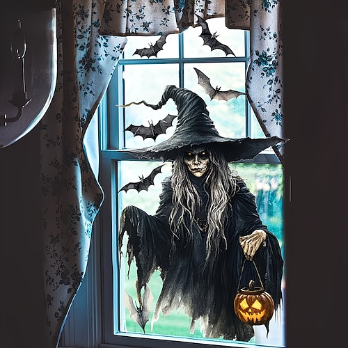 Décorations d'Halloween pour fenêtres : sorcières et chauves-souris, autocollants statiques pour portes et fenêtres vitrées, stickers réutilisables