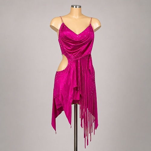 hot pink dance dress Women's Latin - Professional Salsa Samba Competition Gown - Sparkly Rhinestone Asymmetric Fringe Performance Outfit - Cowl Neck Side Cutout Dress 2026 hot pink jazz dance costume